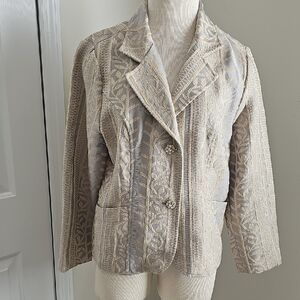 Elegant Women's  Cream and Gold Jacket. Size 12. Textured Fabric. Reinstone Butt